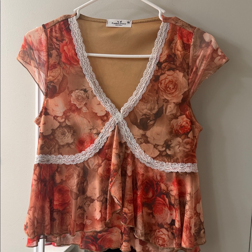 Floral V-Neck Blouse with Lace Trim